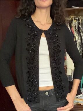 Talbots Black Beaded Open-Front Cardigan